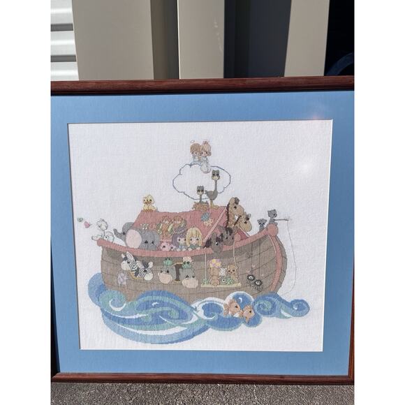 VTG PRECIOUS MOMENTS Noah's Ark completed/ Framed Counted Cross Stitch - Picture 1 of 3